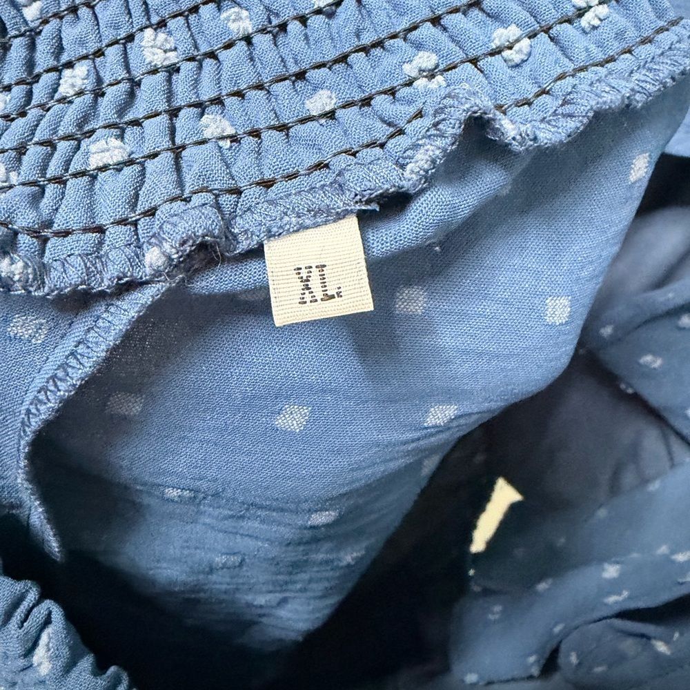 Dusty Blue Swiss Dot Mini Dress XL Puff Sleeve Smocked Open Tie Back - Picture 4 of 7